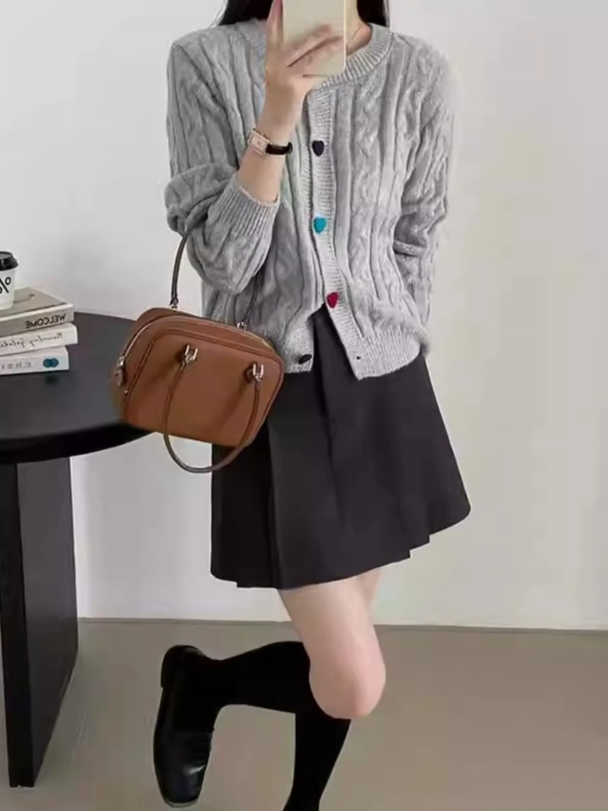 2024 Autumn and Winter All-Matching Retro Twist Color Love Button Solid Round neck sweater Knit cardigan Long sleeve Women's ...