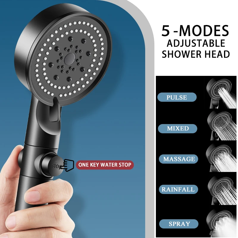 

Shower Head High Pressure Water Saving Black 5 Mode Adjustable Shower One-key Stop Water Massage Bathroom Accessories Showerhead