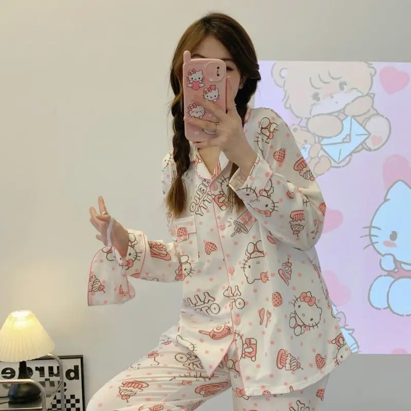 

Kawaii Sanrio Pajamas Hello Kittys Accessories Cute Anime Spring and Autumn Long Sleeve Casual Home Wear Suits Toys Girls Gift