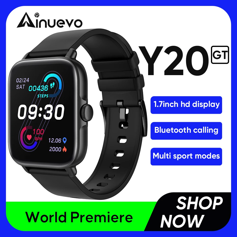 Смарт-часы Ainuevo Y20GT с Bluetooth 1 7 дюйма HD Full Touch пульсометр водонепроницаемый IP67
