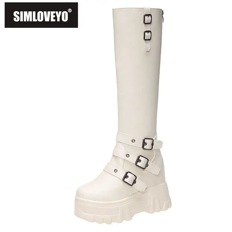 

SIMLOVEYO женские сапоги до колена на платформе с круглым носком и ремешком с пряжкой увеличенный каблук с коротким мехом однотонные черные бел...