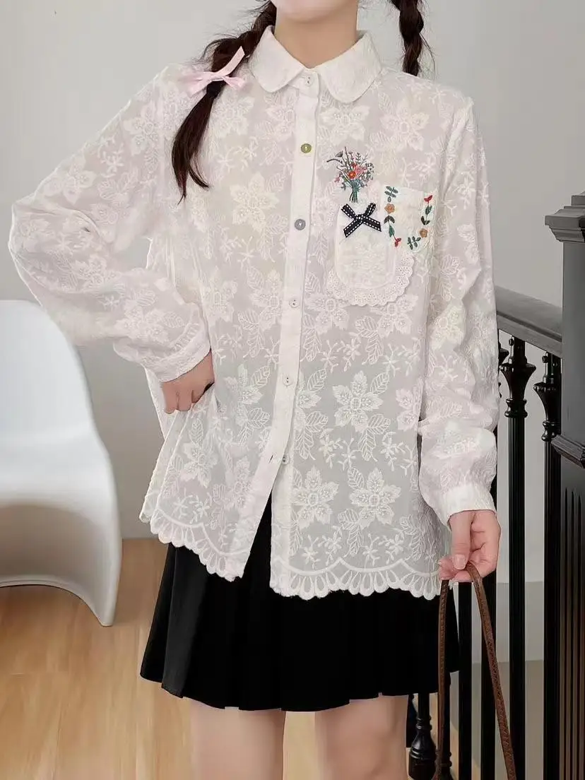 Новая осенняя хлопковая рубашка с длинными рукавами женские топы вышивкой на