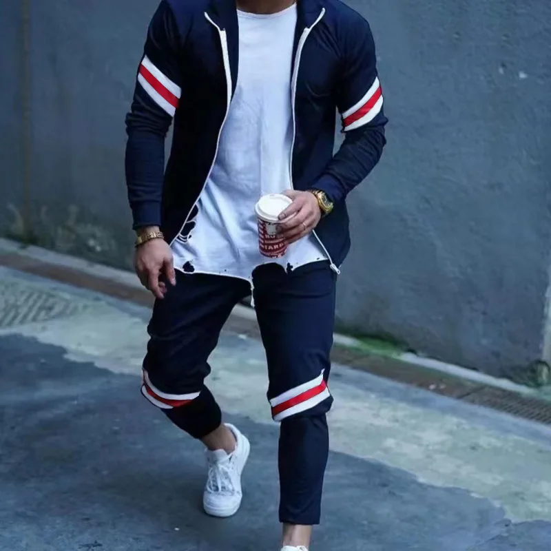 Slim-Fit Sports Long-Sleeved Lapel Cardigan Men's Zipper Color Matching Fashion Casual Men's Sport Suit