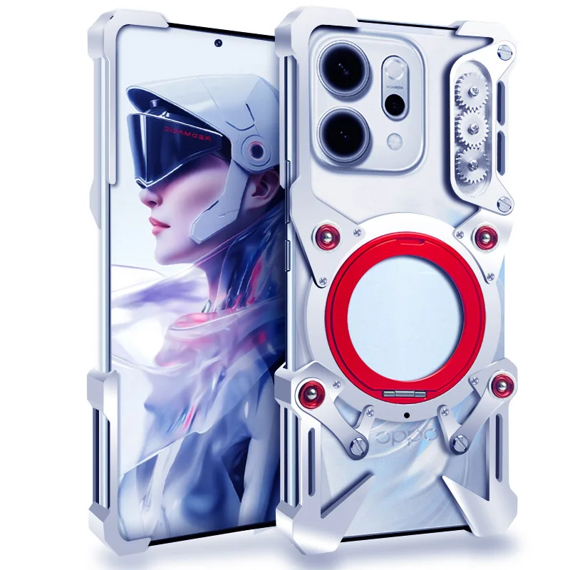 Фото Роскошный металлический алюминиевый бампер-накладка для телефонов Oppo Reno 15, 15C, 14, 12, 11, 10, 9, 8 Pro+ с механическим дизайном и чисто ручной росписью в виде черепа №4