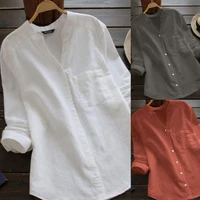 helisopus 2022 summer women cotton linen casual shirt solid color pocket long sleeve button tops t shirt daily commuter wear