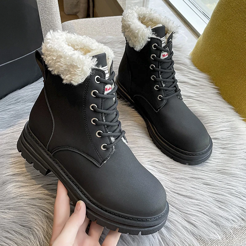 New Women's Boots Warm Plush Ladies Shoes Leather Lace Up Thick-soled Square Chunky Heel Snow Boots Ladies Mid Calf Boots