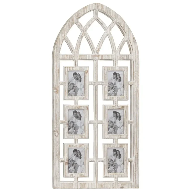 

Vintage Wood Window Arch Shape 6 Slot Wall Photo Frame with Light Brown/White , 19"W x 41"H Home Office Storage Picture Display