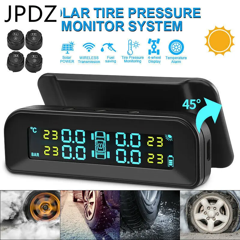 

Solar Wireless USB TPMS Car Tire Pressure Monitor System HD LCD Display 4 External Sensor Tire Pressure Temperature Warning
