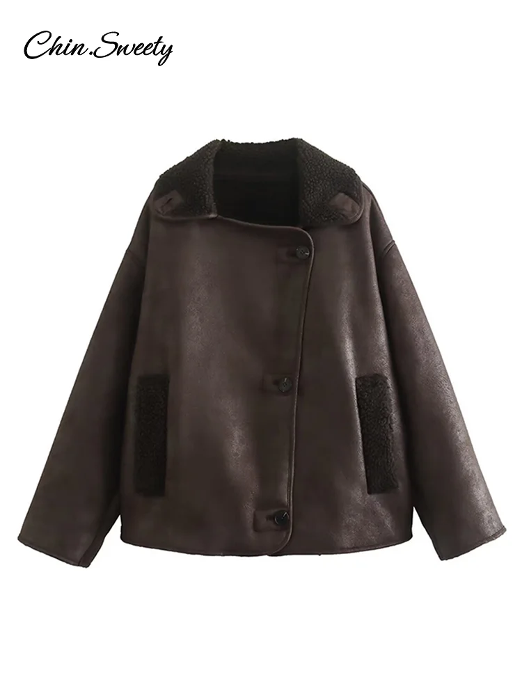 Женская замшевая куртка из искусственной кожи с длинными рукавами и пуговицами