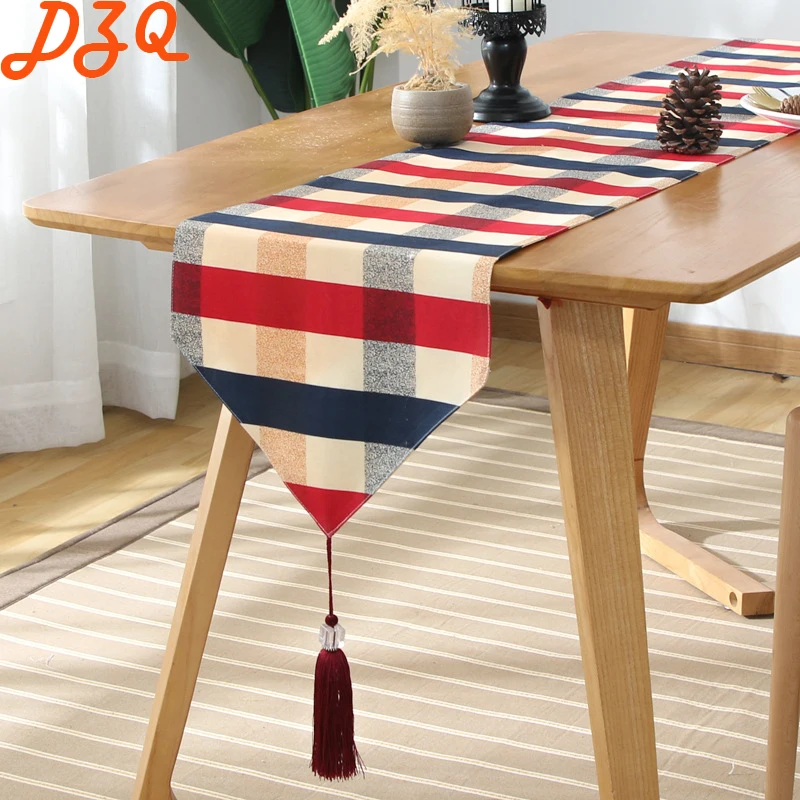 

Vintage Fabric Red and Blue Checkered Table Runner Tassels Latticed Tablecloth TV Cabinet Cover Hotel /Home Decoration #B043