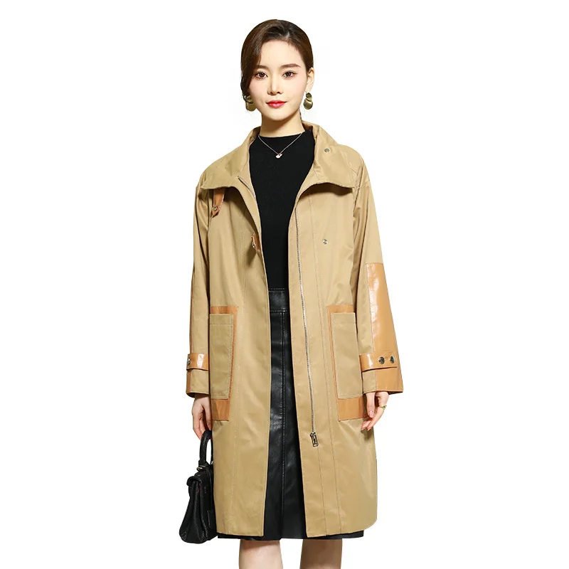 

2022 Sheepskin Patchwork Trench Coat Women Autumn Winter Long Cotton Windbreaker Waistband Slim Lady Outerwear Casual Overcoat