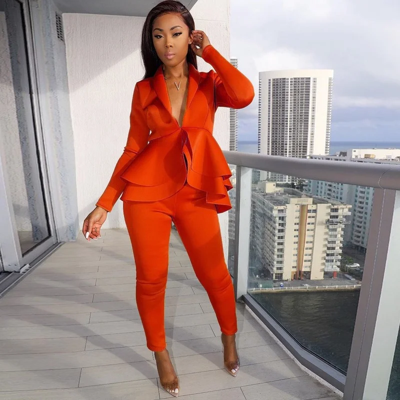 V-Neck Ruffle Blazer Suit Two Piece Set Women Sexy Solid Colors Casual Office Blazer 2023 Formal High Waist Pencil Pants Suits