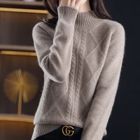 autumn and winter new half turtleneck 100 wool temperament thickened knitted sweater womens all match loose and thin top