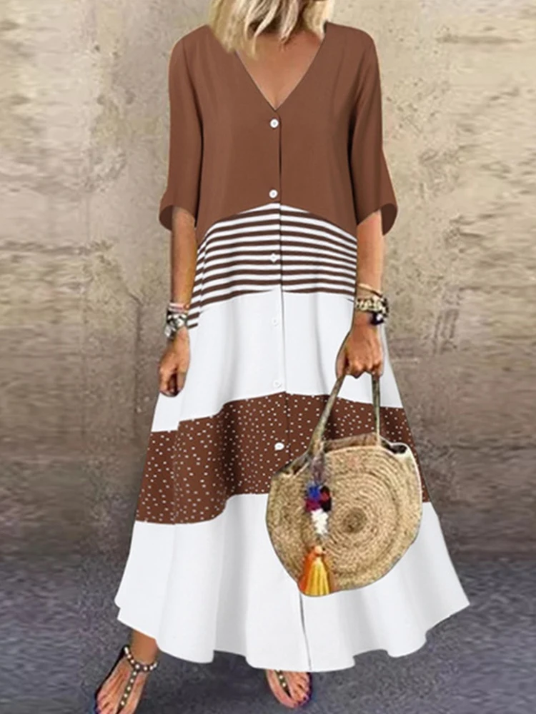 

Summer V Neck Short Sleeve Boho Beach Dress Women Vintage Patchwork Print Long Dress Fashion Casual Button Office Dresses Mujer