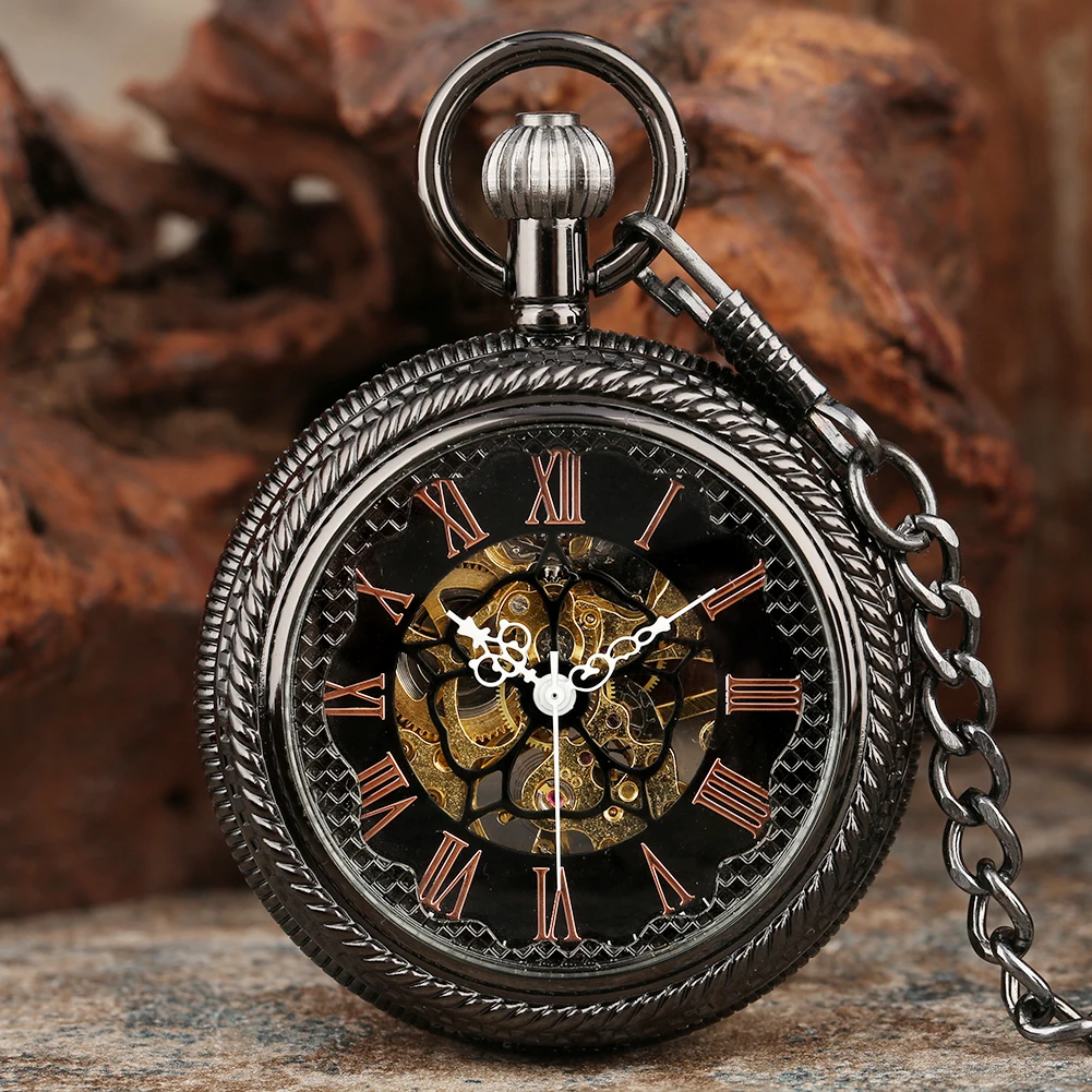 Rose Gold Roman Numeral Dial Transparent Glass Display Hand-Winding Mechanical Pocket Watch Vintage Black/Bronze Fob Chain Clock
