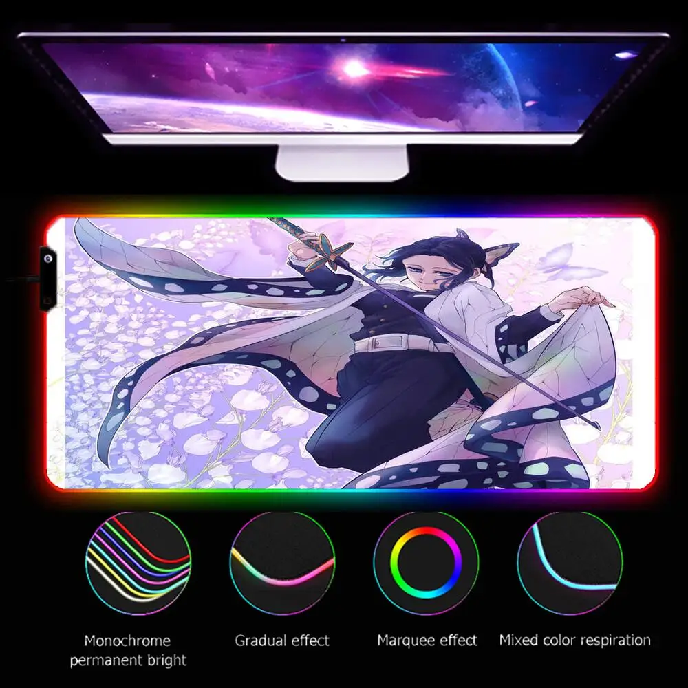 

Коврик для мыши Kochou Shinobu Bandai с аниме RGB, профессиональный игровой коврик для киберспорта, резиновый Настольный коврик для мыши со светодиодн...