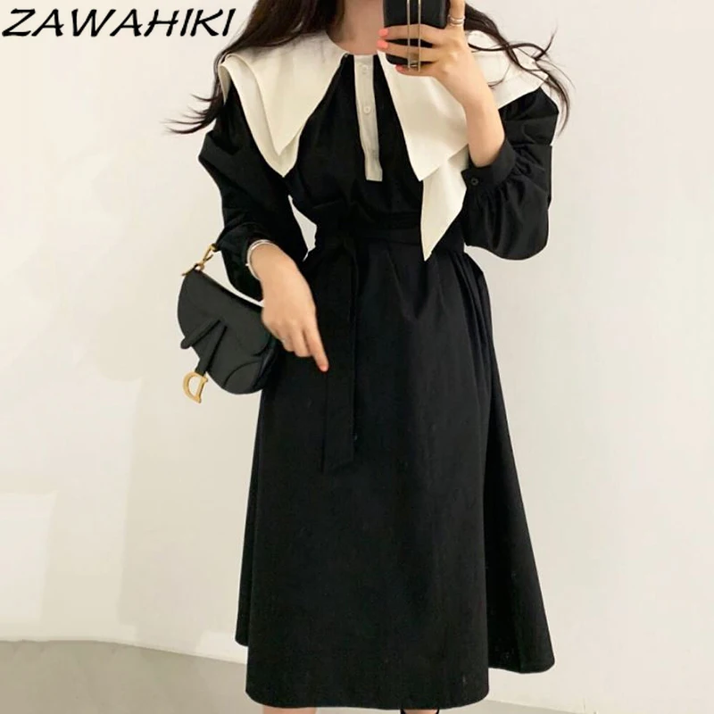 

ZAWAHIKI Elegant Black Dress Woman Puff Long Sleeve Gothic Plus Size Spring Summer Chic Korean Ropa Mujer New High Waist Dresses