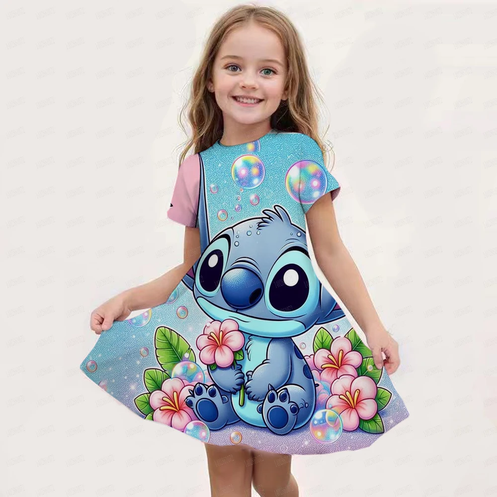 2024 Stitch Dress For Girls Children's Sleep Baby Summer Clothes StrayKids 3d Print Skirt Original Clothing Short-Sleeved