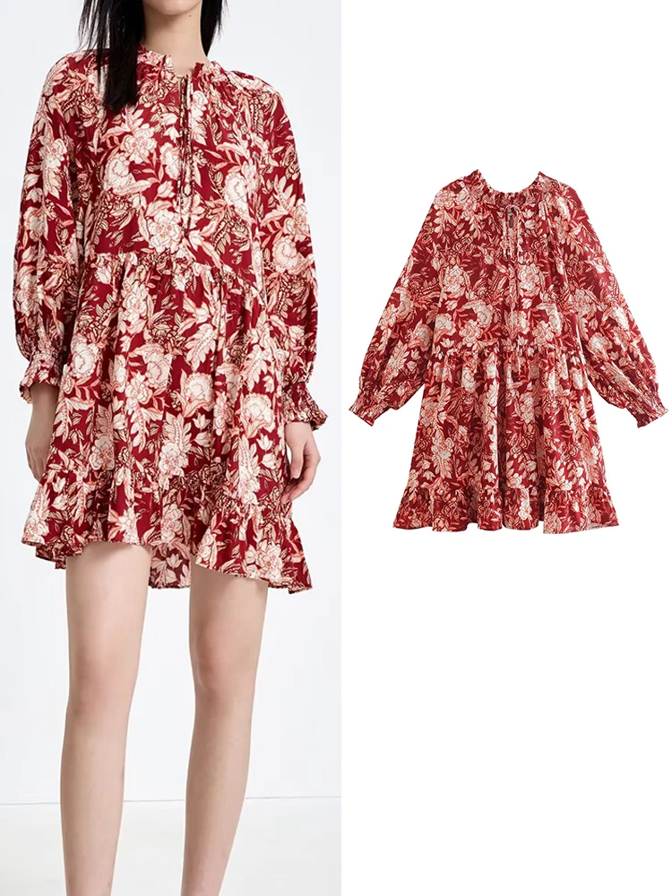 

TFMLN Spring Autumn Women Mini Dress 2022 Vintage Female A-line Long Sleeve Dresses Causal O-neck Printed Outwear