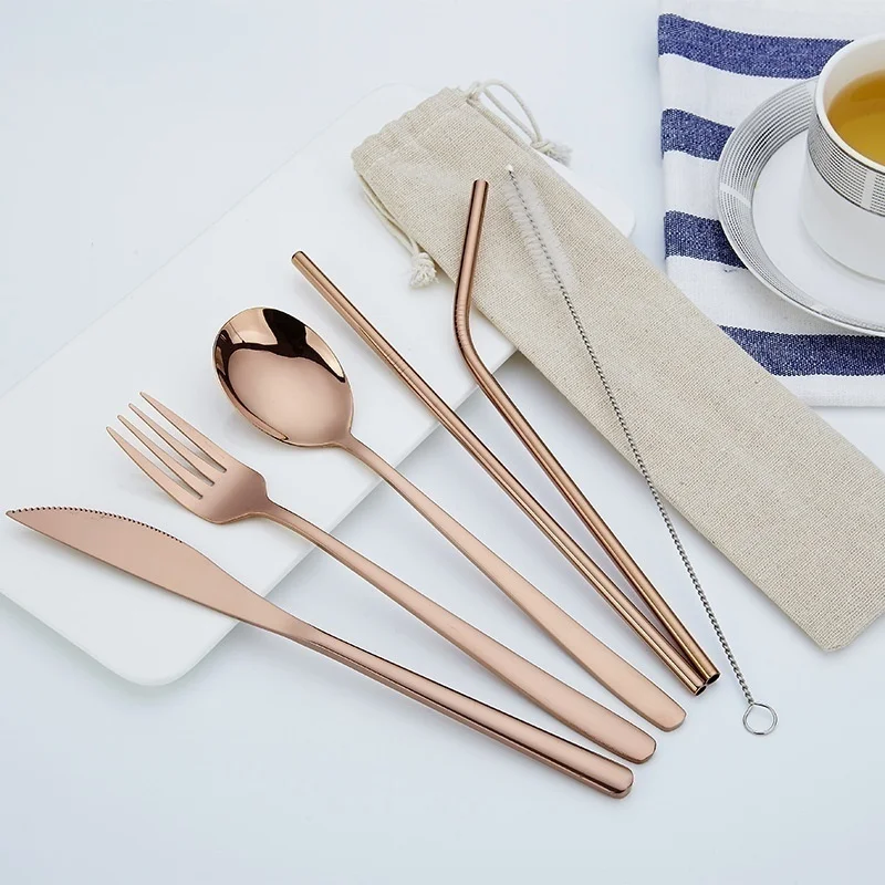 6 Ps/set Portable Outdoor Travel Dinneware Set 304 Stainless Steel Knife and Fork Spoon Straws Tableware Set