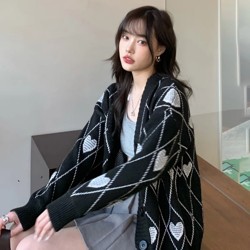 

Женский однобортный Кардиган с V-образным вырезом, Свободный Повседневный винтажный трикотажный свитер с геометрическим рисунком сердец, о...