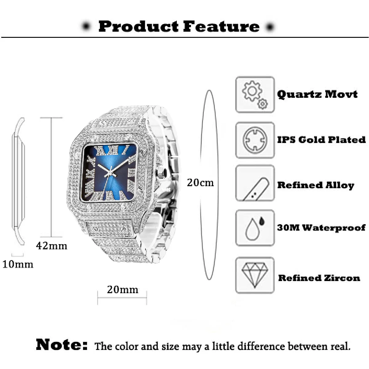 Quartz Watches Luxury Iced Out Moissanite Blue Dial Square Watch For Men Women Party Jewelry Waterproof Unisex Clock Lover Gift