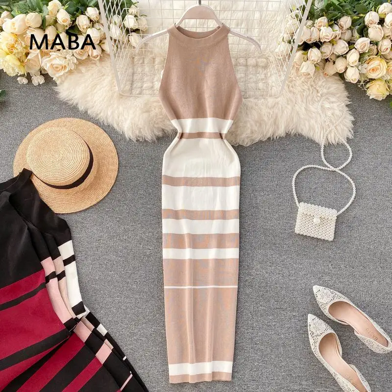 

Женское трикотажное платье-карандаш в полоску, элегантное облегающее длинное платье-свитер с лямкой на шее и открытыми плечами в Корейском ...