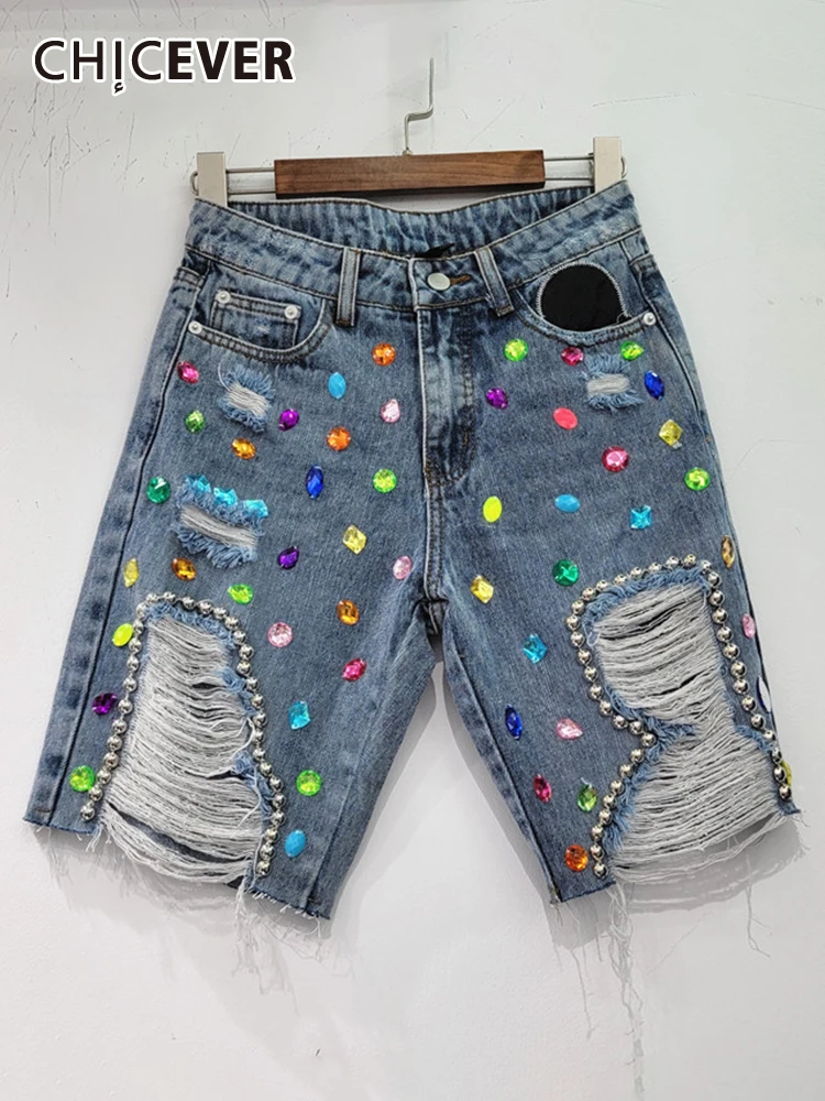 CHICEVER Hole Hollow Out Denim Shorts For Women High Waist Patchwork Diamonds Hit Color Straight Pant Streetwear Female Summer