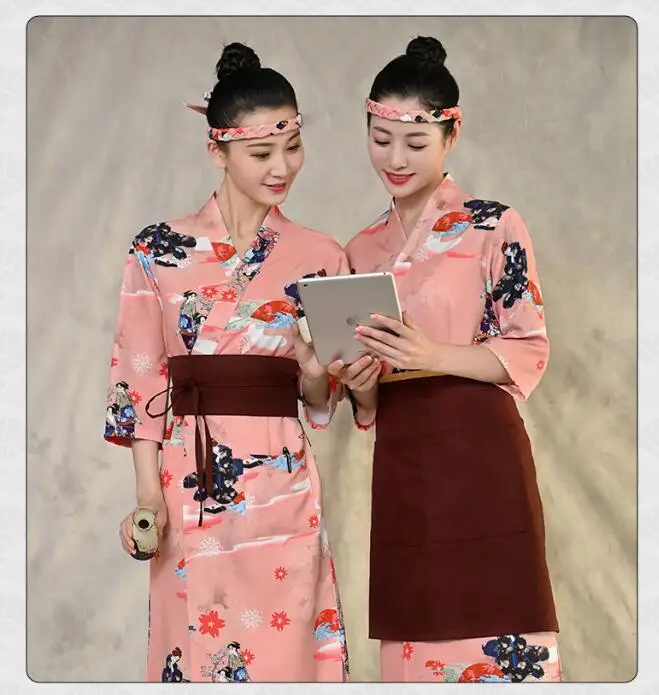 

Wairter Kimono Japanese Sushi Food Work Uniform Restaurant Welcome Clothes Women Pink Spring