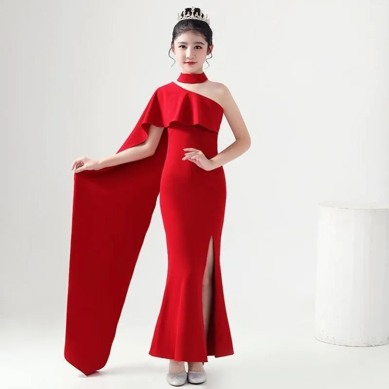 

Red Girls Wedding Dressess Side Slit Mermaid Evening Dresses For Teenage Girls Ruffle Girl Ceremony Dress robe soiree enfant
