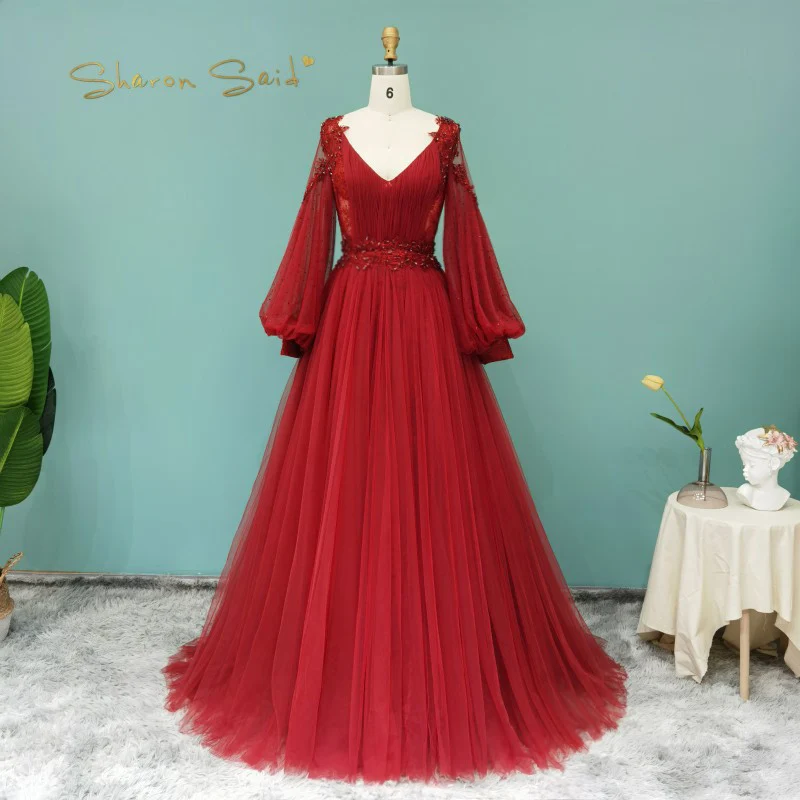 

Sharon Said Luxury Dubai Burgundy Muslim Evening Dress for Women Wedding Plus Size Elegant Emerald Green Pink Formal Party Gowns