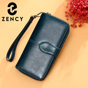 Zency Модные женские клатчи на каждый день, Высококачественная Сумочка, повседневный Длинный кошелек, 100% натуральная кожа, сумка коричневого, синего цвета, классический стиль