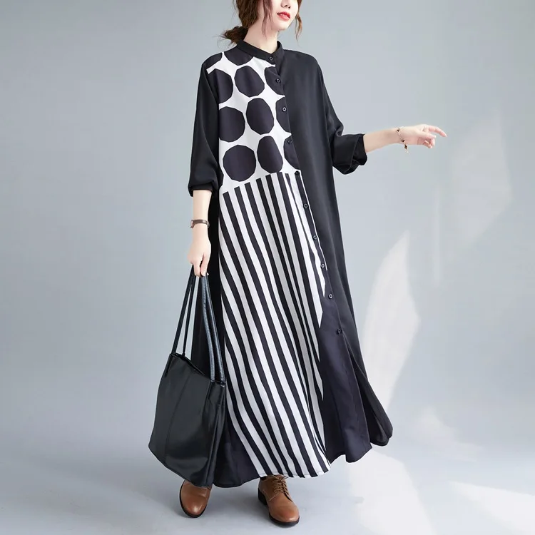 

Patchwork Polka Dot Shirt Long Dress Women Y2k Half Sleeve 2023 Summer New Beach Dresses Vestidos A Line Print Maxi Dresses