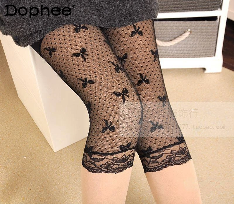 Summer Lace Leggings for Women Hollow-out Outer Wear Mesh Anti-Exposure Stretch Cropped Trousers Thin 3/4 Leggins Mujer Holiday
