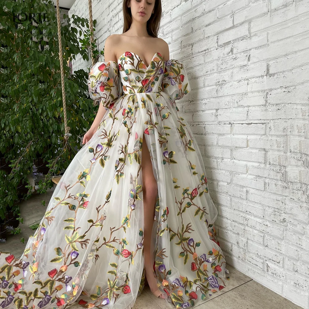 

LORIE Pattern Off Shoulder Lace Sexy Prom Dresses With Detachable Puffy Sleeves Party Formal Gowns With Side Slit Evening Gown
