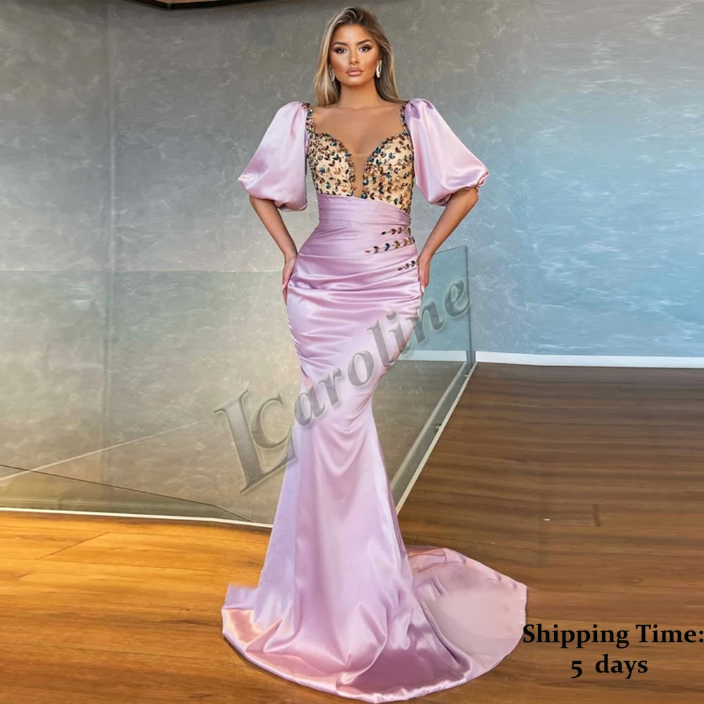 

Caroline Luxurious Satin Mermaid Crystals Evening Gowns Puff Sleeves Floor Length Pleat For Women Personalised Robes De Soirée