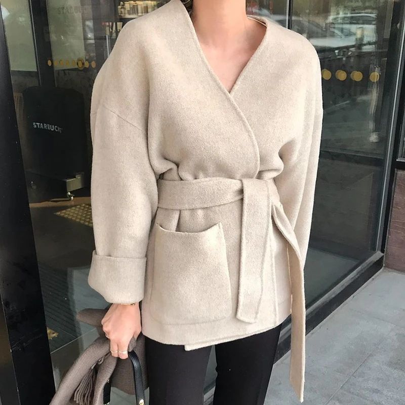 

New 2023 Autumn Winter Minimalist Elegant Thick Warm Woolen Coat Korea Style Plus Size Blends Wool Coats Feminino Lazy Overcoat