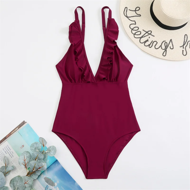 Цельный купальник новинка 2022 женские купальники однотонные с оборками моникини