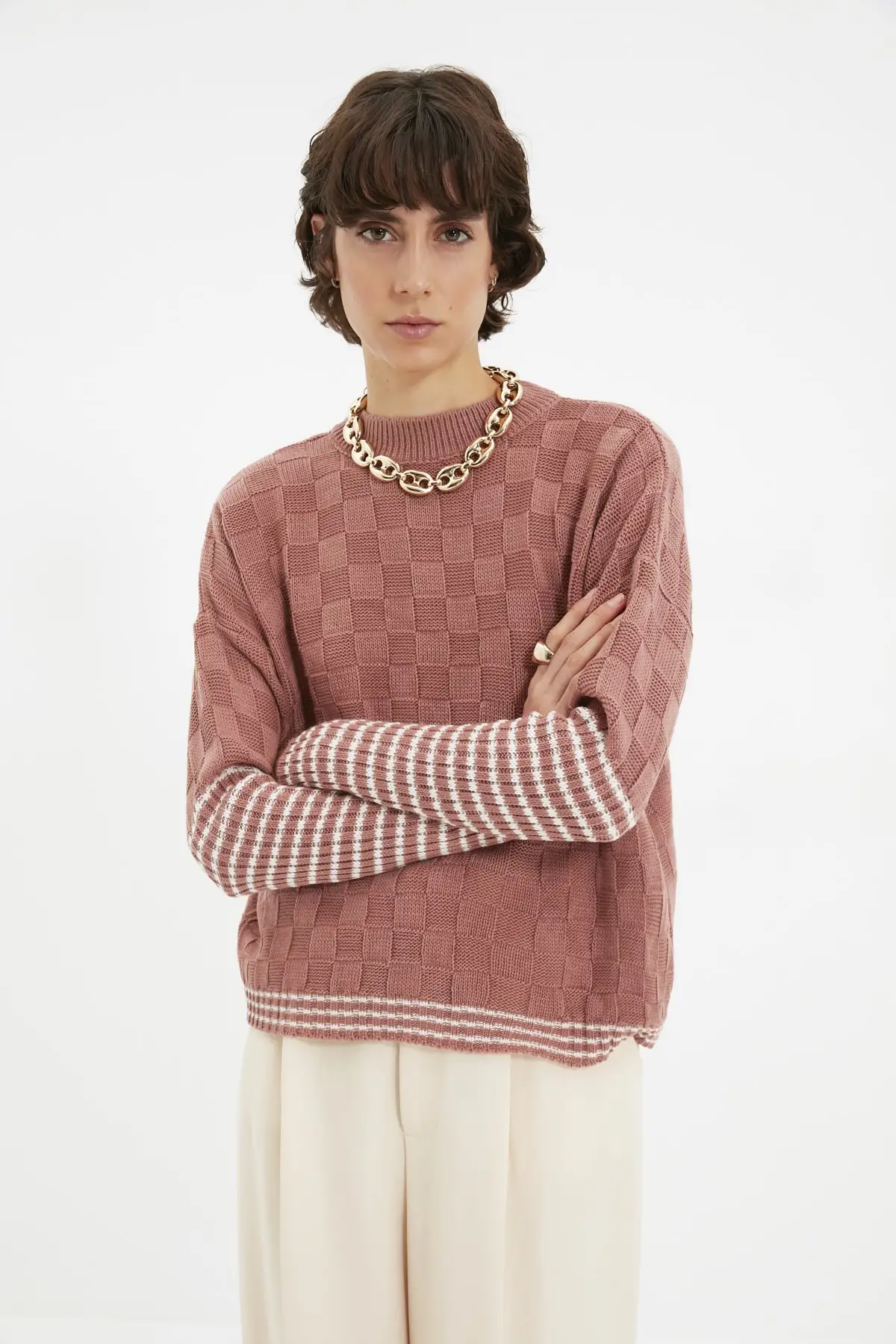 

Trendyol Mesh Detaylı Striped Knitwear Sweater TWOAW22KZ2661