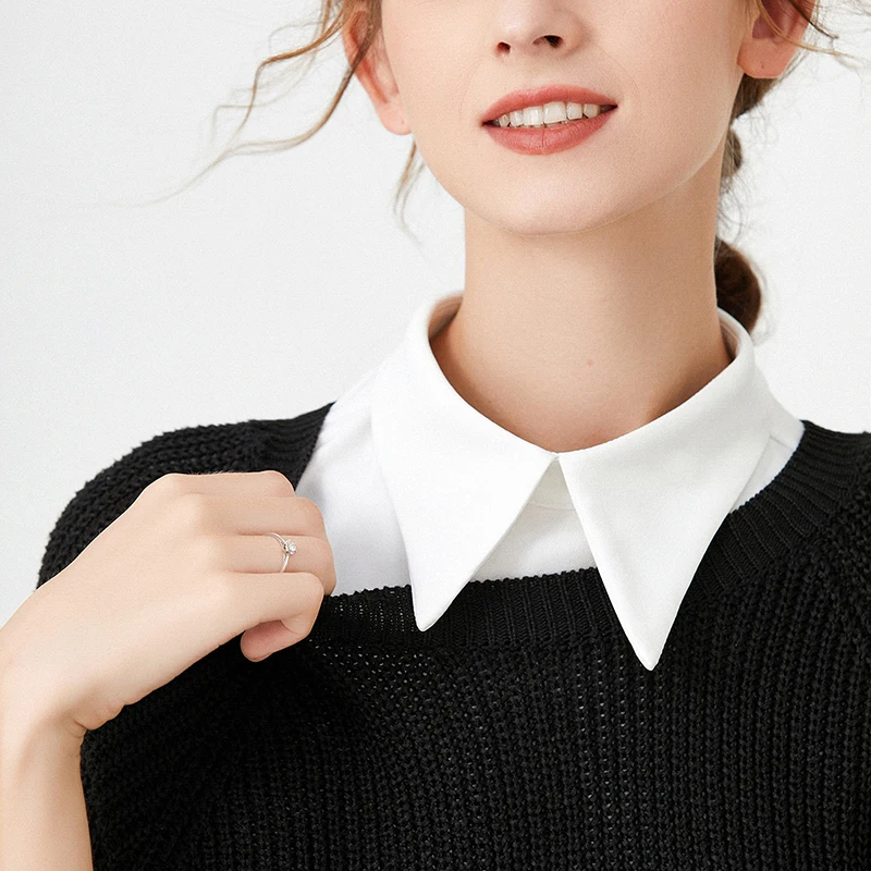 

Women Elegant White Lapel Faux Collar Hollow Out Keyhole Button Back Half Shirt Blouse Layering Detachable Pullover