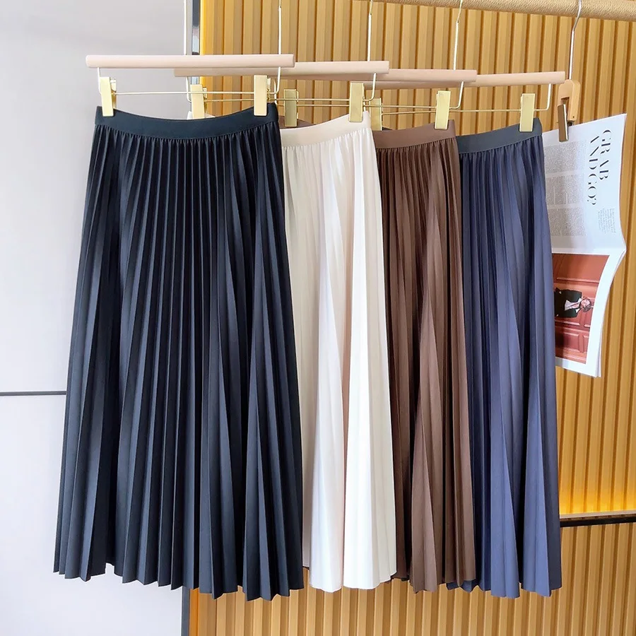 

Vintage Brown Pleated Long Skirts Women Korean Fashion High Waist Chic Elegant A-line Midi Skirt for Girls Preppy Style