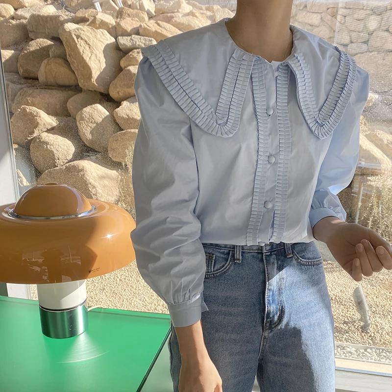 Винтажный буф с длинным рукавом Женская белая рубашка отложным воротником