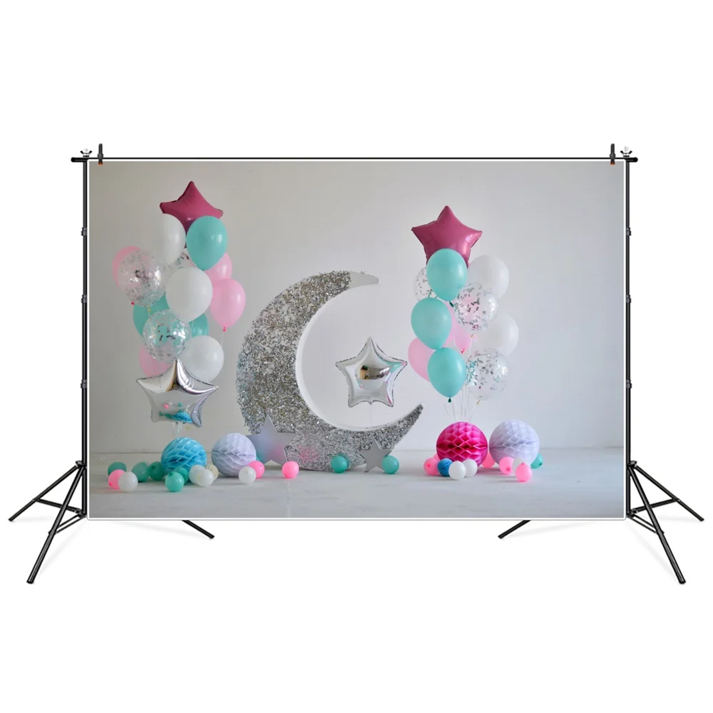 

1st Silver Glitter Birthday Photography Backgrounds Crescent Stars Balloons Pure White Wall Kids Backdrops Photographic Portrait