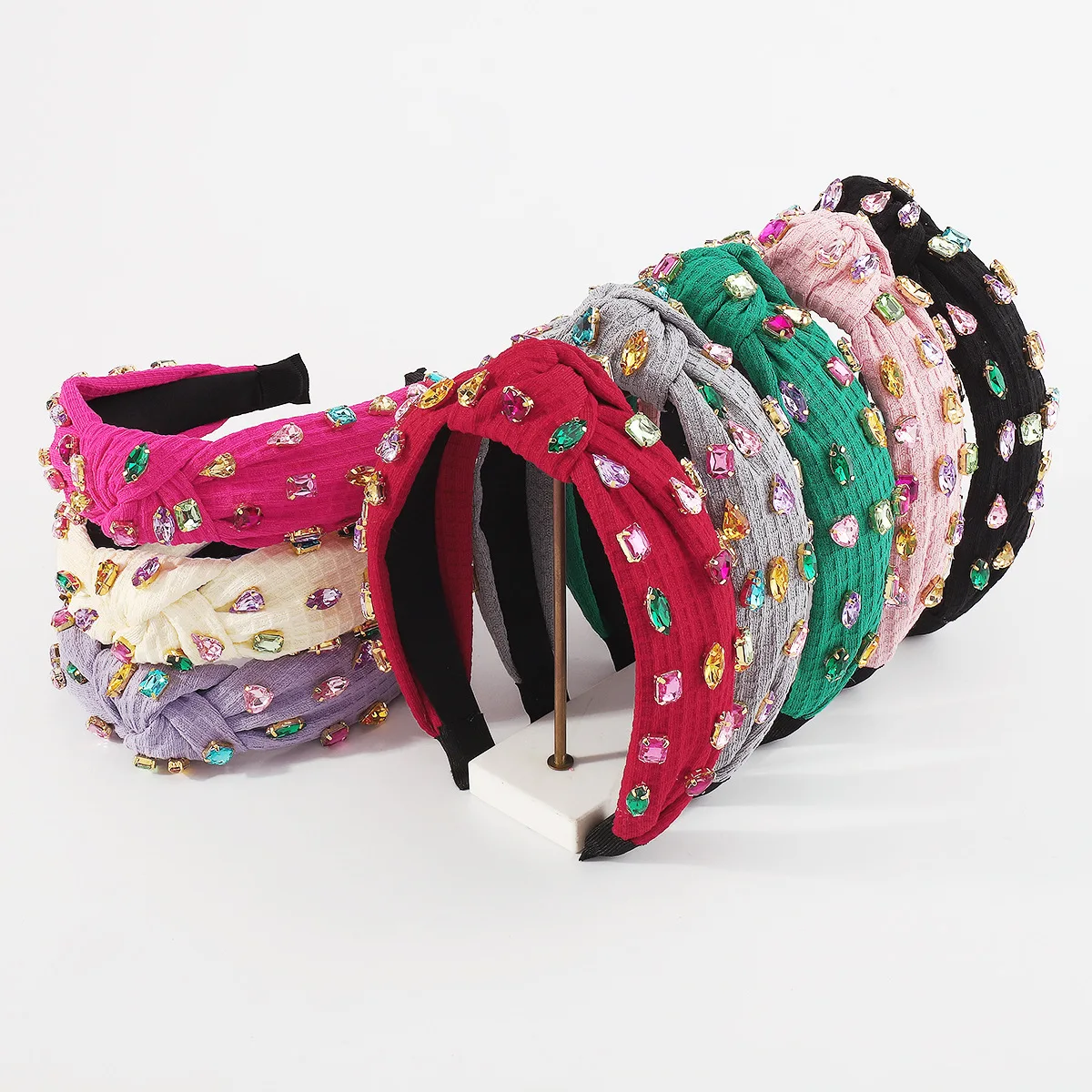 

Waffle Creative Fabric Horse Eye Colorful Crystals Knotted Headband Temperament Lux Hair Accessories