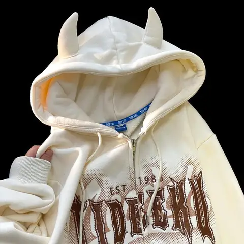 Harajuku Brand Letters Print Kawaii Horn Devil Zip Up Hoodie Jackets Teenage Couples Oversized Sweatshirt Coats Hip Hop Street
