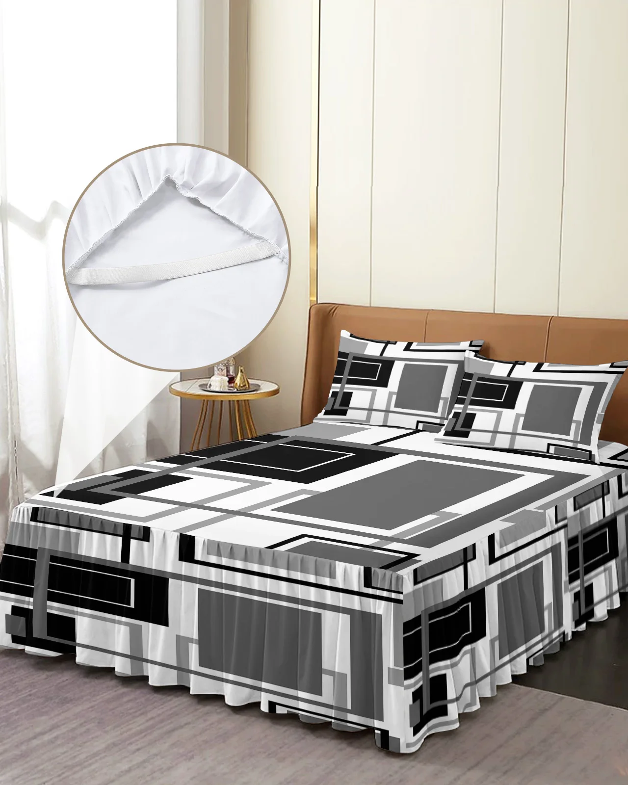 

Абстрактные геометрические квадраты черная серая постельная юбка эластичное постельное белье с наволочками наматрасник Комплект постельного белья простыня