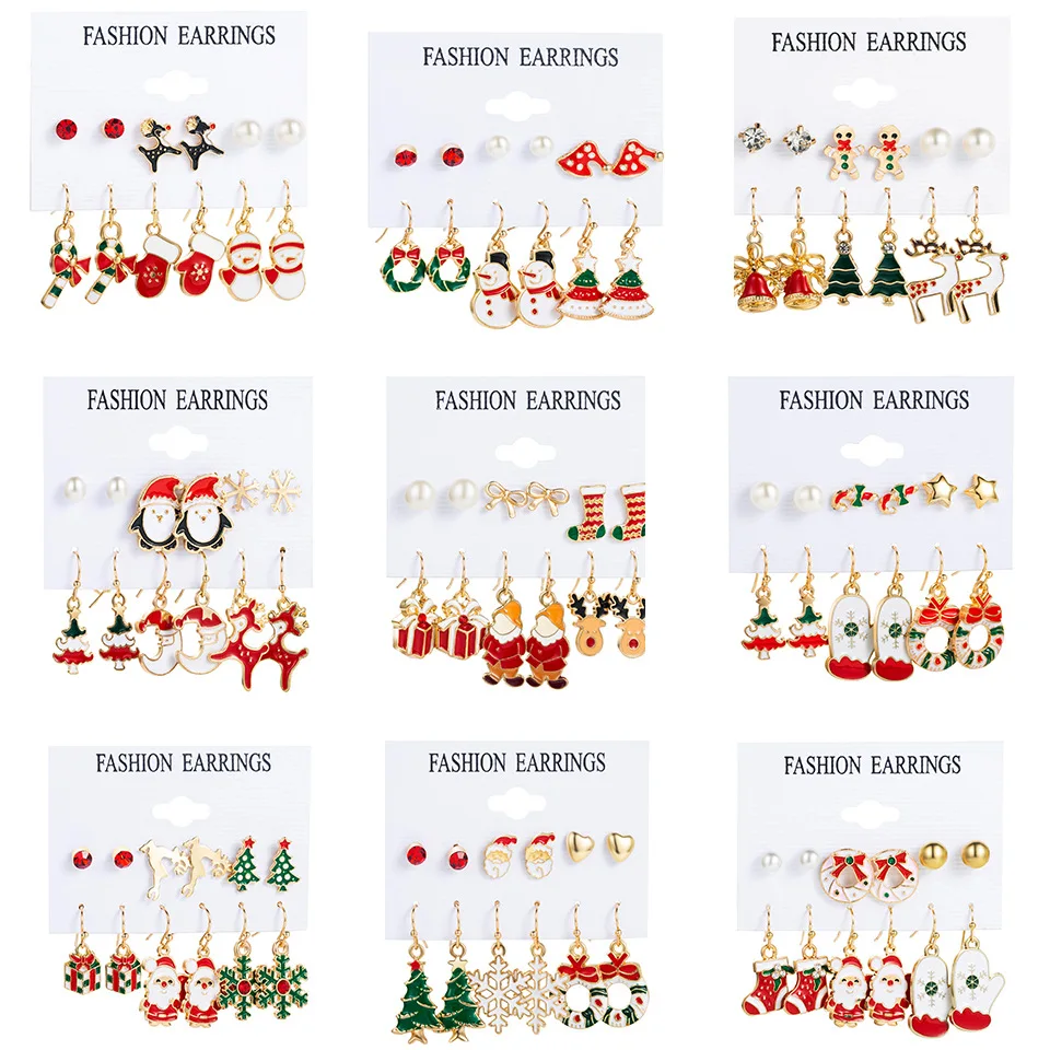 

6Pairs Trendy Xmas Tree Brown Elk Snowman Santa Claus Earrings Hot Christmas Gifts for Women Girl's Jewelry Accessories