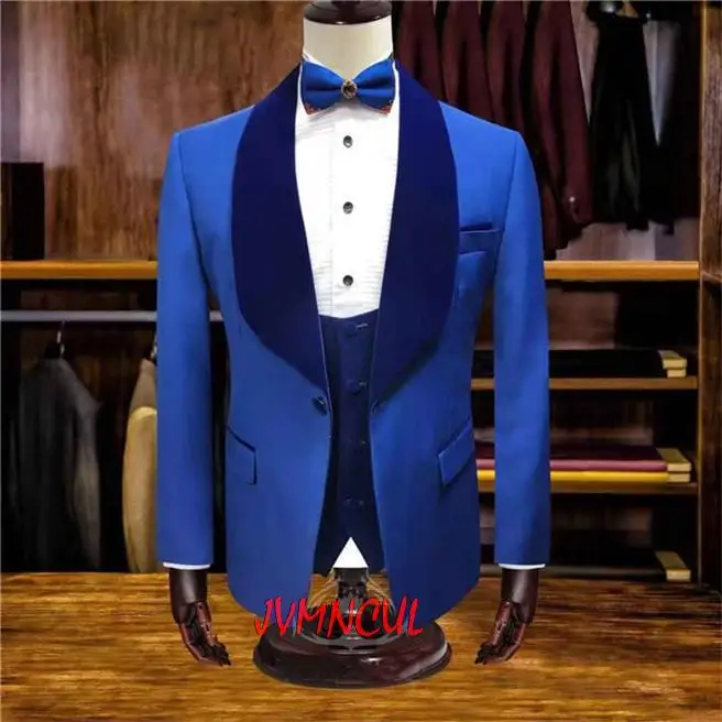 

Classic Groomsmen Shawl Lapel Royal Blue Groom Tuxedos One Button Men Suits 3 Pieces Wedding Prom Best Man Blazer