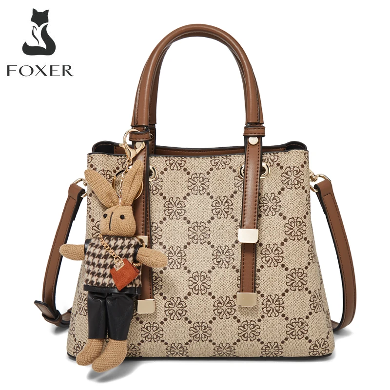 FOXER Office Commute Women's Printing Handbag PU Leather Lady Tote Mother's Crossbody Shoulder Bag Monogram Design Top Hand Bags