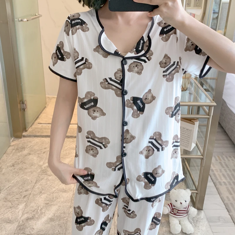 3 Pieces Set Sleepwears for Women Bear Cartoon Tops with Pants Shorts Summer Casual Pijama Korea Style Homewear Clothes Pajamas